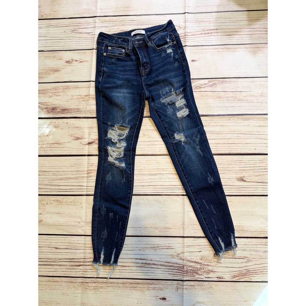 Zenana‎ Premium Dark Wash Distressed Skinny Jeans Frayed Hem Size 25